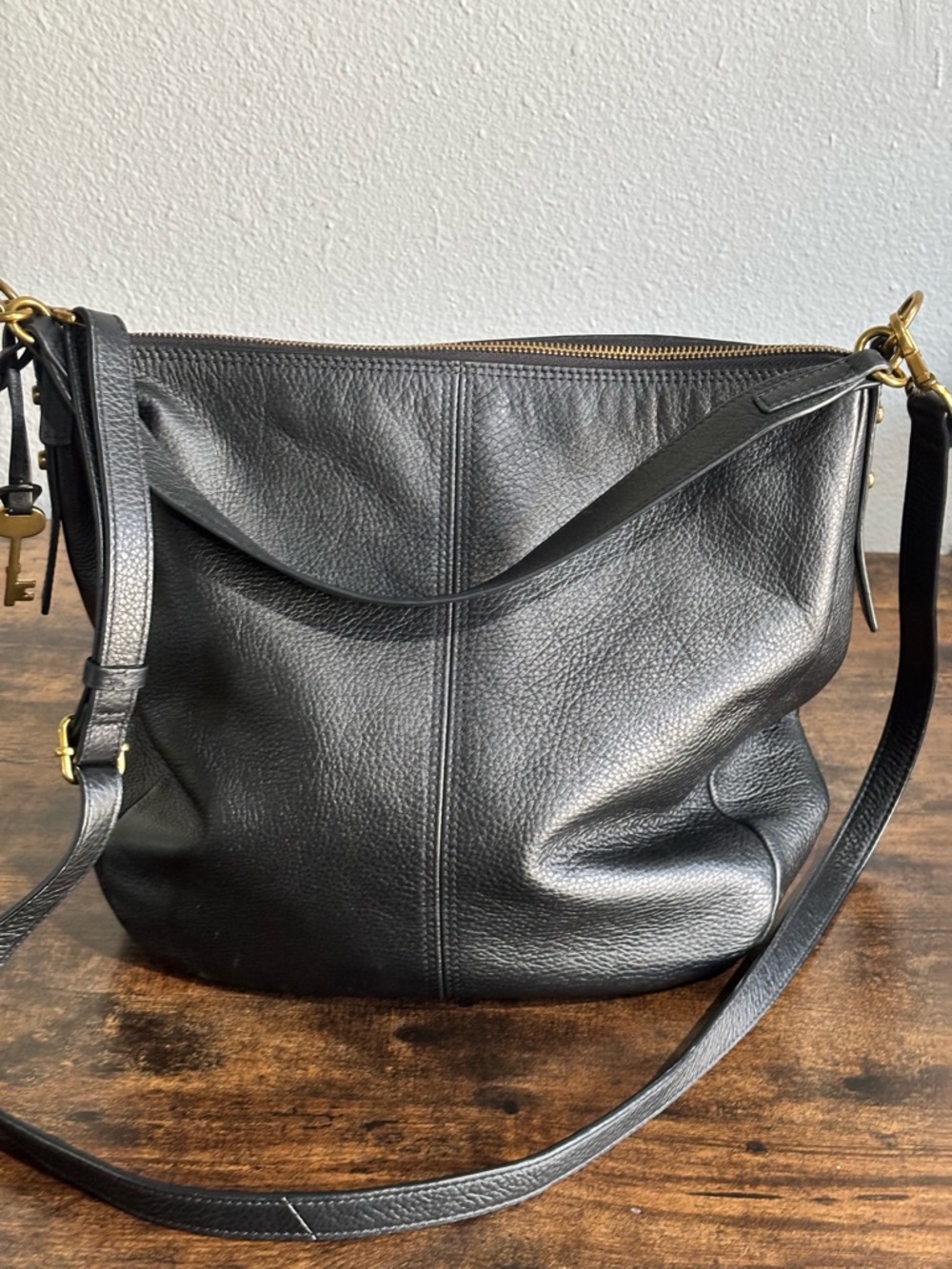 Fossil Black Leather Hobo Shoulder Bag with Gold Hardware